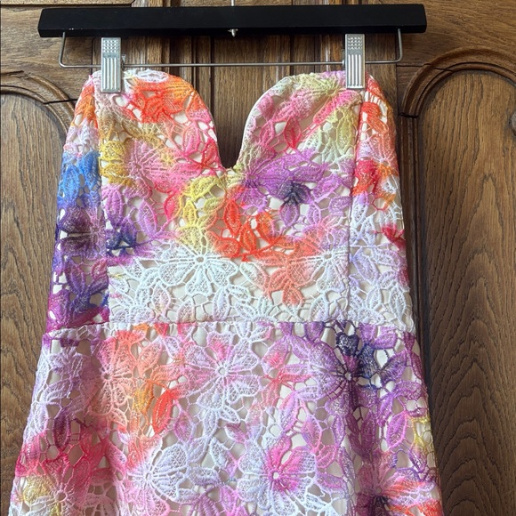 Badgley Mischka Strapless Floral Midi Dress in Pink, Blue, Yellow - Picture 7 of 13